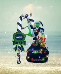 Seattle Seahawks NFL Custom Name Grinch Candy Cane Ornament 2 Side