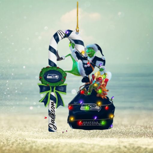 Seattle Seahawks NFL Custom Name Grinch Candy Cane Ornament 2 Side