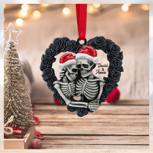 Skeleton Couple   Personalized Ornament, Black Rose Heart Shape, Christmas Tree Decor