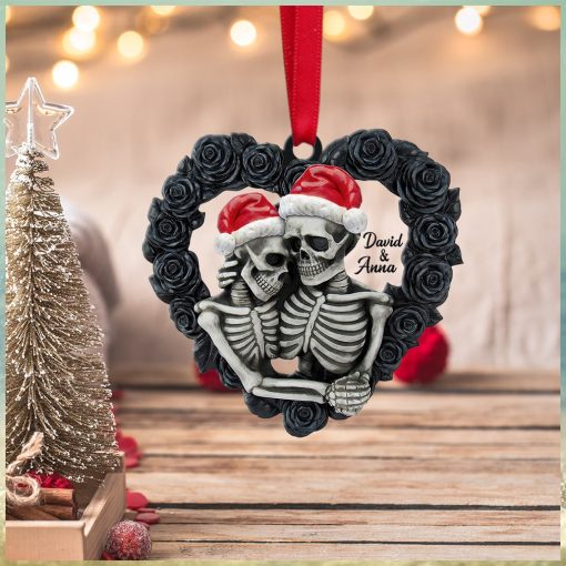 Skeleton Couple   Personalized Ornament, Black Rose Heart Shape, Christmas Tree Decor