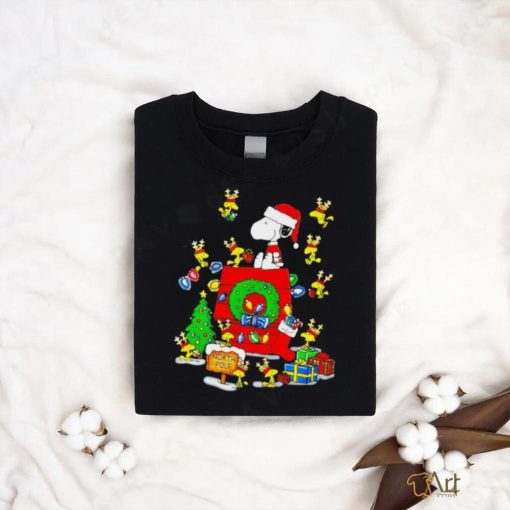 Snoopy and Woodstock on doghouse Merry Christmas shirt