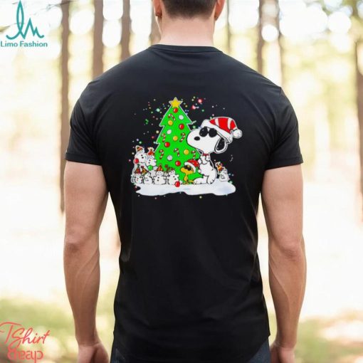 Snoopy and snowman next to the pine tree Christmas shirt