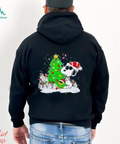 Snoopy and snowman next to the pine tree Christmas shirt