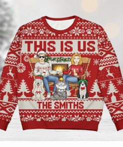 This Is Us Couple And Dogs Cats   Christmas Gift For Pet Lovers And Family   Personalized Unisex Ugly Sweater