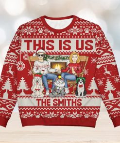 This Is Us Couple And Dogs Cats Christmas Gift For Pet Lovers And Family Personalized Unisex Ugly Sweater