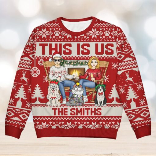 This Is Us Couple And Dogs Cats   Christmas Gift For Pet Lovers And Family   Personalized Unisex Ugly Sweater