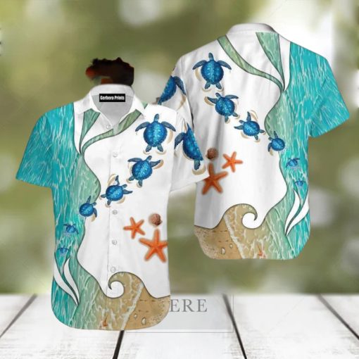 Turtle Beach Starfish Blue And White Aloha Hawaiian Shirt