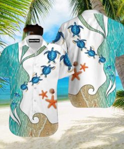 Turtle Beach Starfish Blue And White Aloha Hawaiian Shirt