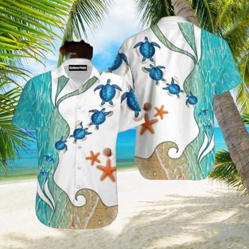 Turtle Beach Starfish Blue And White Aloha Hawaiian Shirt