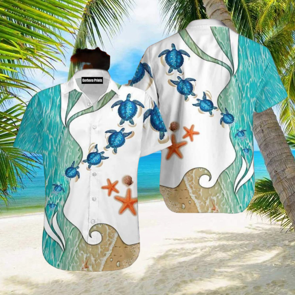 Turtle Beach Starfish Blue And White Aloha Hawaiian Shirt - Limotees