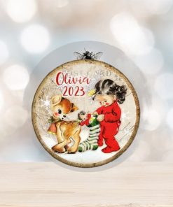 Unbreakable Retro Reindeer Christmas card ornament, vintage style holiday decorations. Baby deer Keepsake ornaments for toddlers  MA 1344