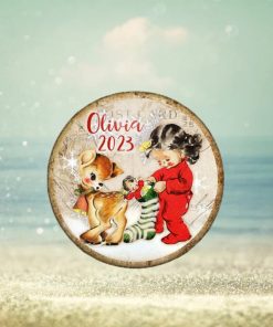 Unbreakable Retro Reindeer Christmas card ornament, vintage style holiday decorations. Baby deer Keepsake ornaments for toddlers  MA 1344