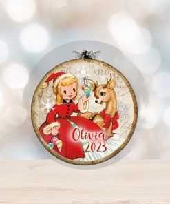 Unbreakable Retro Reindeer with girl Christmas card ornament. Vintage style holiday decorations. Baby deer ornaments for toddlers MA 1339