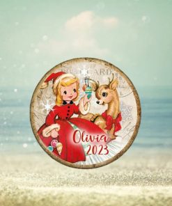 Unbreakable Retro Reindeer with girl Christmas card ornament. Vintage style holiday decorations. Baby deer ornaments for toddlers MA 1339