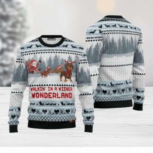 Walkin‘ In A Weiner Wonderland Dachshund Lover Ugly Chirtmas 3D Sweater Gift For Men And Women