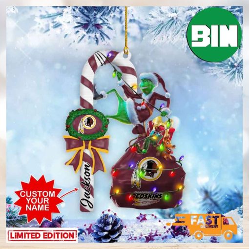 Washington Redskins NFL Custom Name Grinch Candy Cane 2 Sides Ornament