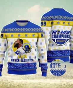 Aaron Donald Never Satisfied LA Rams Champions Super Bowl NFL Christmas Ugly Sweater