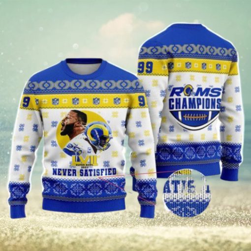 Aaron Donald Never Satisfied LA Rams Champions Super Bowl NFL Christmas Ugly Sweater