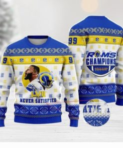 Aaron Donald Never Satisfied LA Rams Champions Super Bowl NFL Christmas Ugly Sweater