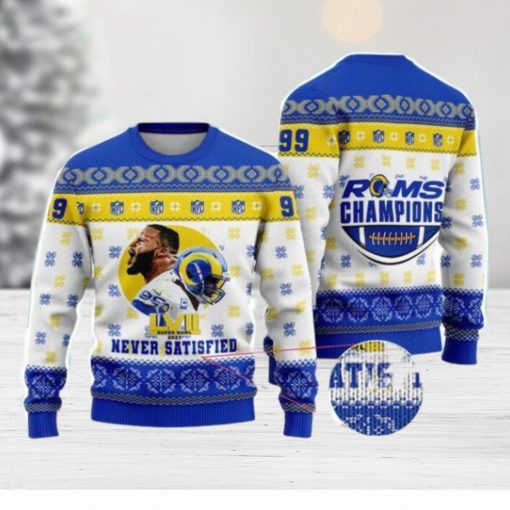 Aaron Donald Never Satisfied LA Rams Champions Super Bowl NFL Christmas Ugly Sweater