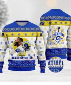 Aaron Donald Never Satisfied Los Angeles Champions 2023 Super Bowl NFL Christmas Ugly Sweater