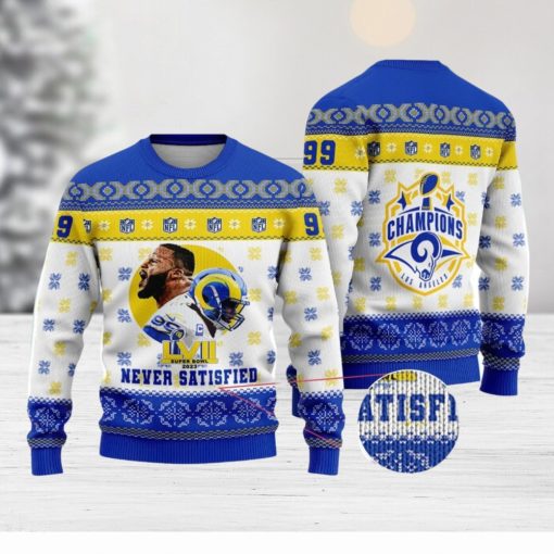 Aaron Donald Never Satisfied Los Angeles Champions 2023 Super Bowl NFL Christmas Ugly Sweater