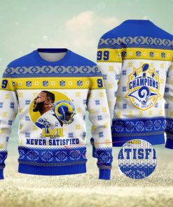 Aaron Donald Never Satisfied Los Angeles Champions 2023 Super Bowl NFL Christmas Ugly Sweater