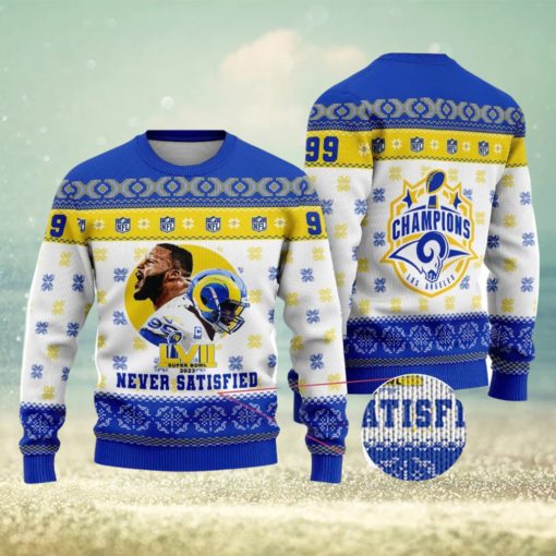 Aaron Donald Never Satisfied Los Angeles Champions 2023 Super Bowl NFL Christmas Ugly Sweater