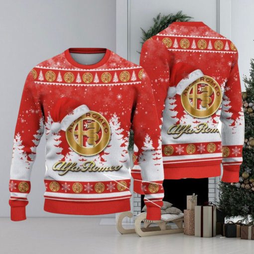 Alfa Romeo Red Logo Wearing Santa Hat Christmas Gift Ugly Christmas Sweater For Car Lover 3D Sweater