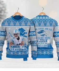 Amon Ra St. Brown Detroit Lions I Am A Die Hard Lions Fan Till I Die NFL Christmas Ugly Sweater