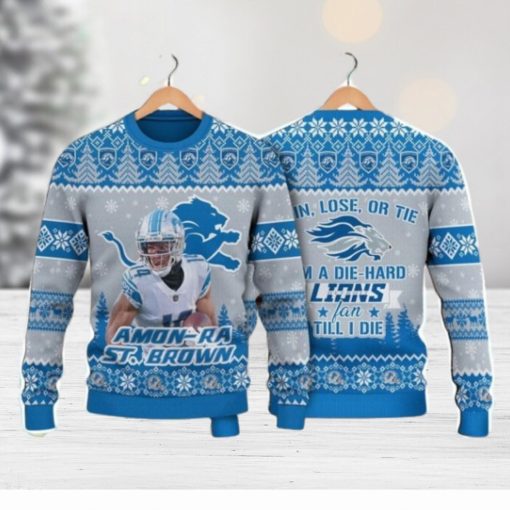 Amon Ra St. Brown Detroit Lions I Am A Die Hard Lions Fan Till I Die NFL Christmas Ugly Sweater