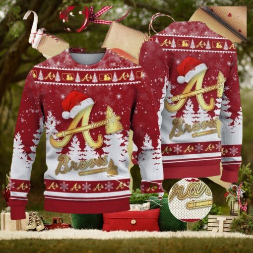 Atlanta Braves Logo Golden Fans Santa Hat Tree Ugly Christmas Sweater