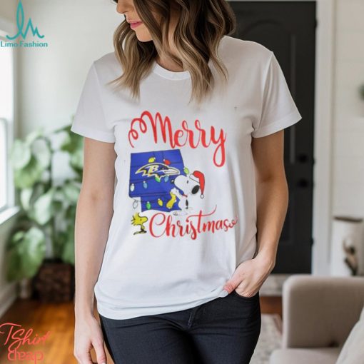 Baltimore Ravens Snoopy And Woodstock Merry Christmas Shirt