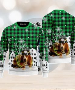 Basset Hound Costume Firefighter In Christmas City Pattern Christmas Unisex Ugly Sweater