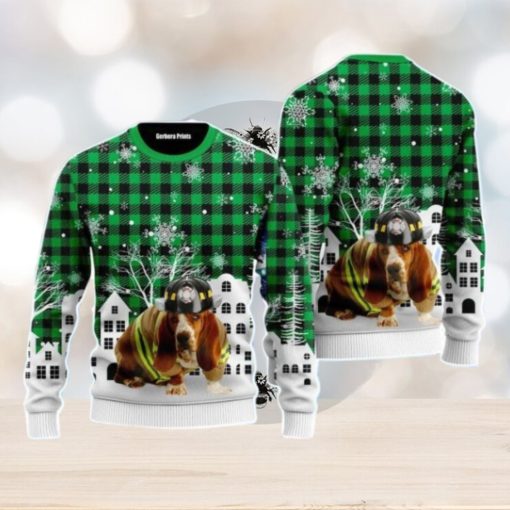 Basset Hound Costume Firefighter In Christmas City Pattern Christmas Unisex Ugly Sweater