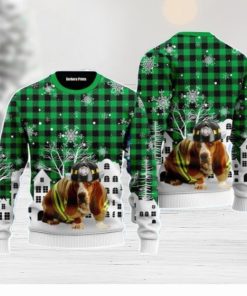 Basset Hound Costume Firefighter In Christmas City Pattern Christmas Unisex Ugly Sweater