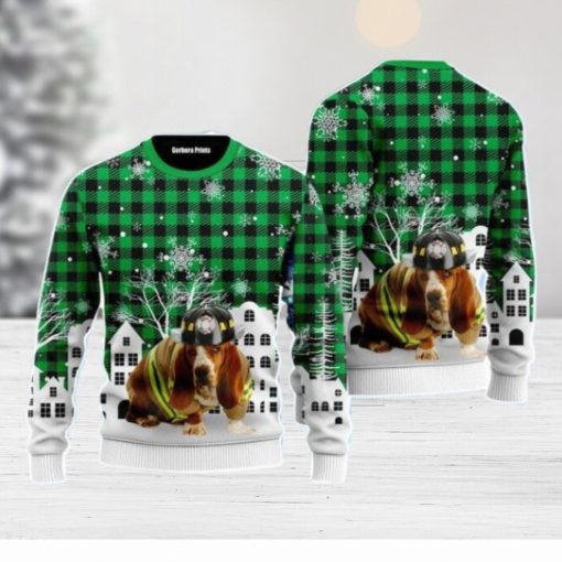 Basset Hound Costume Firefighter In Christmas City Pattern Christmas Unisex Ugly Sweater