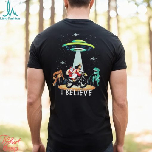 Believe Dinosaur Santa Jesus Bike Christmas T Shirt