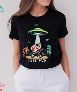 Believe Dinosaur Santa Jesus Bike Christmas T Shirt