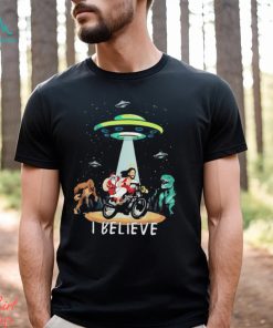 Believe Dinosaur Santa Jesus Bike Christmas T Shirt