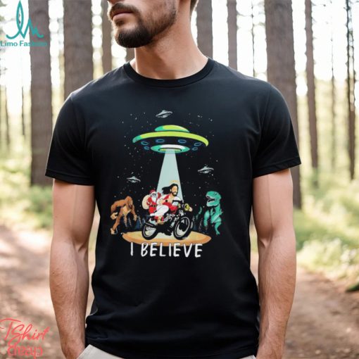 Believe Dinosaur Santa Jesus Bike Christmas T Shirt