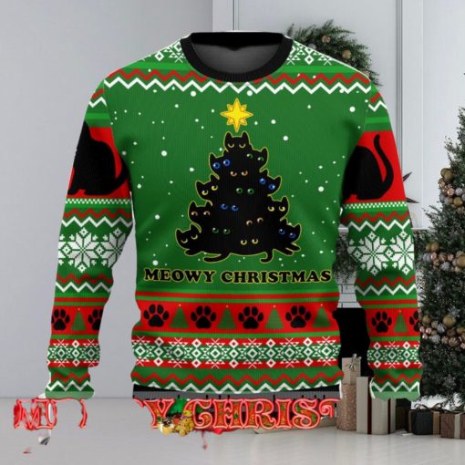 Black Cat Meowy Christmas Tree Ugly Christmas Sweater