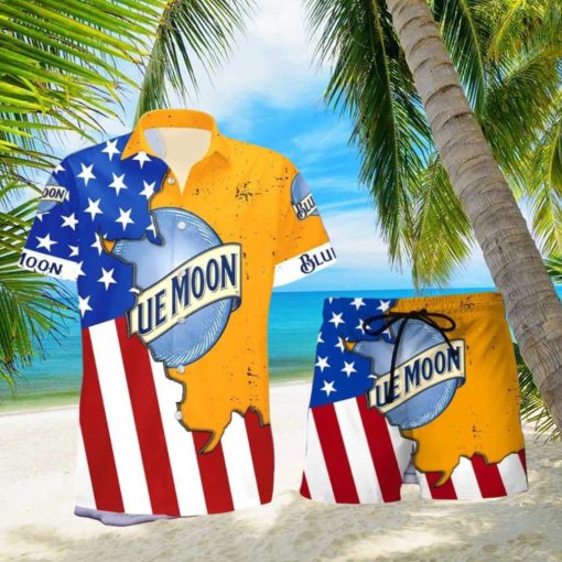 Blue Moon Beer Life USA Flag Aloha Summer Beach Hawaiian Combo Shirt And Short Gift Hawaiian For Mens