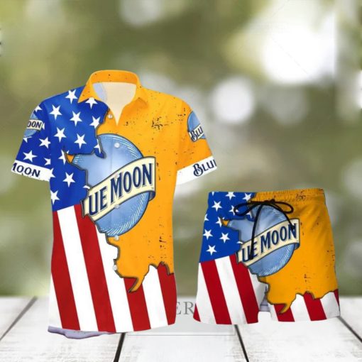 Blue Moon Beer Life USA Flag Aloha Summer Beach Hawaiian Combo Shirt And Short Gift Hawaiian For Mens