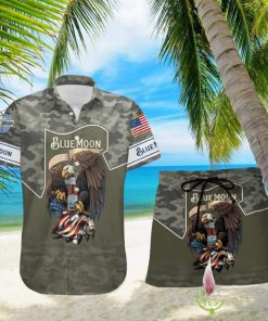 Blue Moon BeerGreen Camo Eagle USA Flag Hawaiian Combo Shirt And Short Gift Hawaiian For Mens