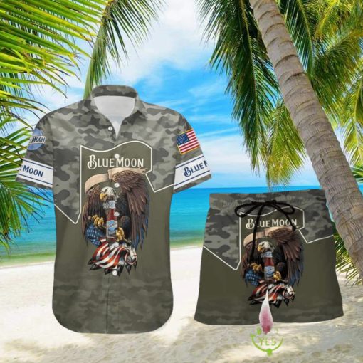 Blue Moon BeerGreen Camo Eagle USA Flag Hawaiian Combo Shirt And Short Gift Hawaiian For Mens