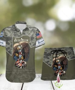 Blue Moon BeerGreen Camo Eagle USA Flag Hawaiian Combo Shirt And Short Gift Hawaiian For Mens