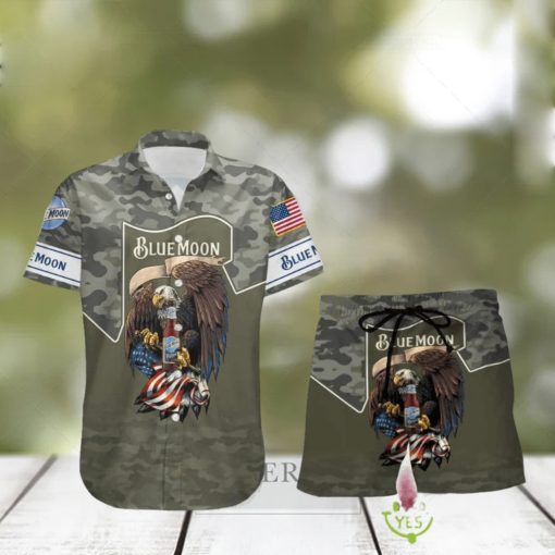 Blue Moon BeerGreen Camo Eagle USA Flag Hawaiian Combo Shirt And Short Gift Hawaiian For Mens