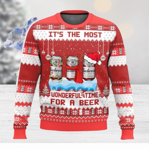 Budweiser It’s The Most Wonderful Time For A Beer All Over Printed Ugly Christmas Sweater 2023 Christmas Gift Ideas Holiday Gift