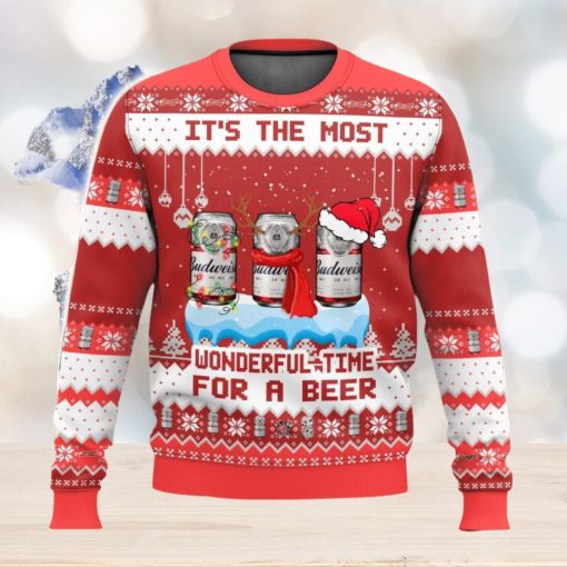 Budweiser It’s The Most Wonderful Time For A Beer All Over Printed Ugly Christmas Sweater 2023 Christmas Gift Ideas Holiday Gift